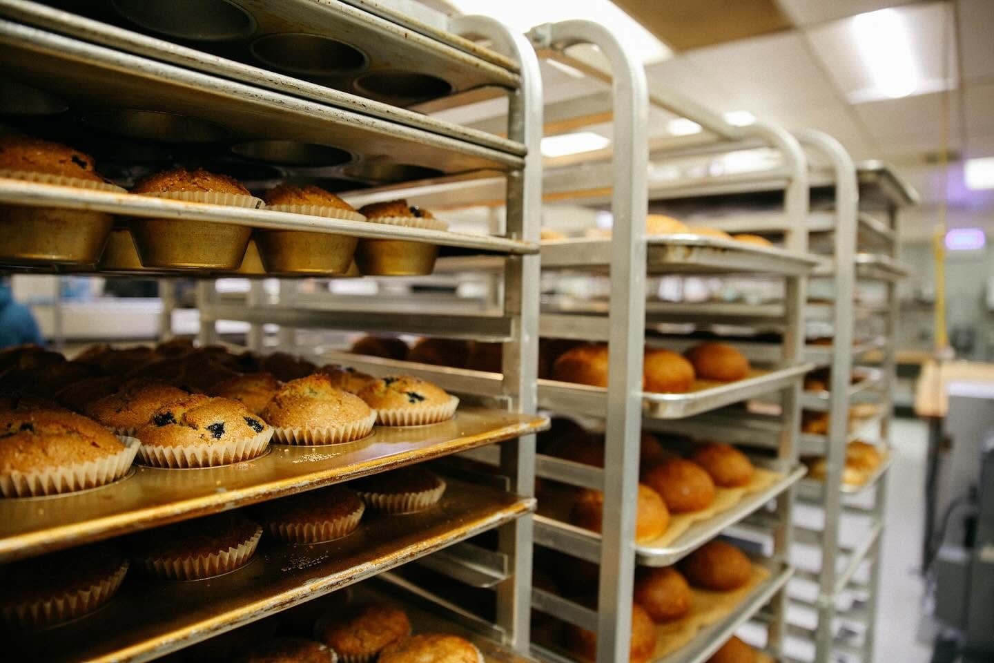 Bakery shelves stacked with fresh muffins and pastries