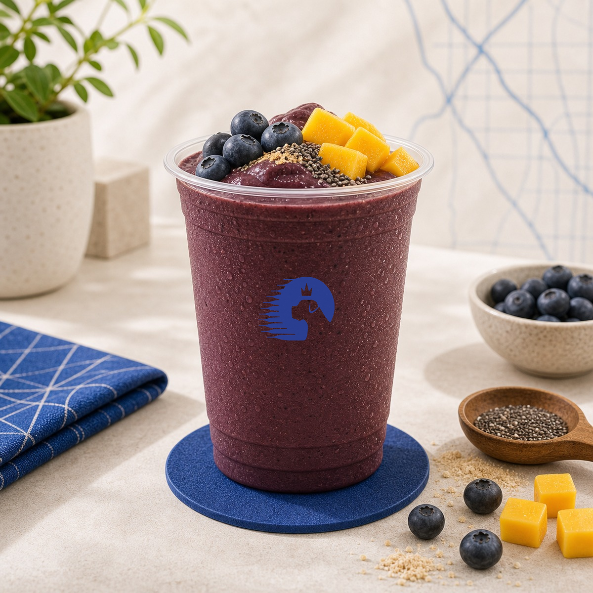 Acai bowl with blueberries, mango, and seeds