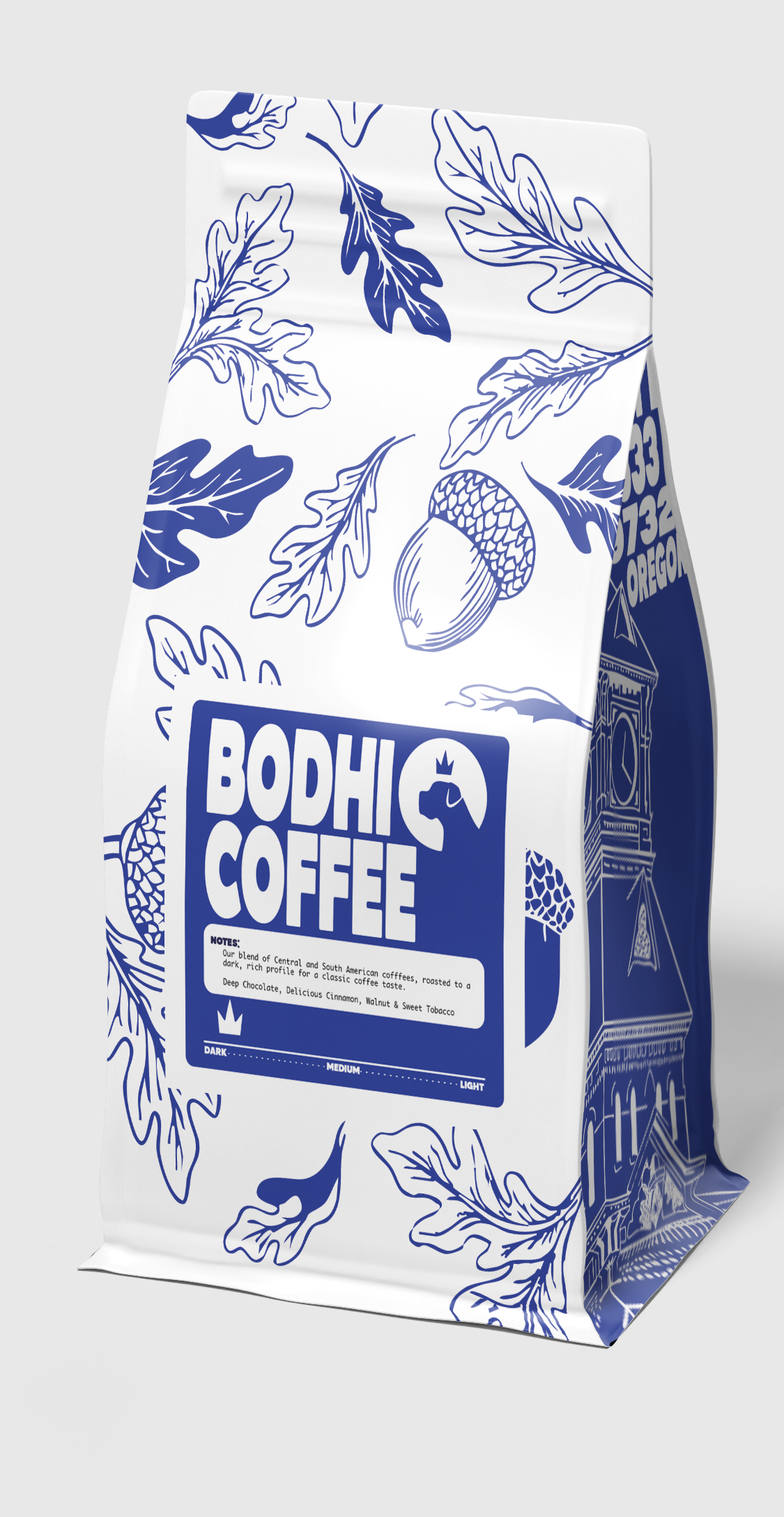 Bodhi coffee bag with botanical blue and white design